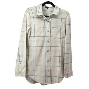 Quince Women’s Buttoned Down Sweater Stretch Knit Plaid Fleece Shirt Size Medium